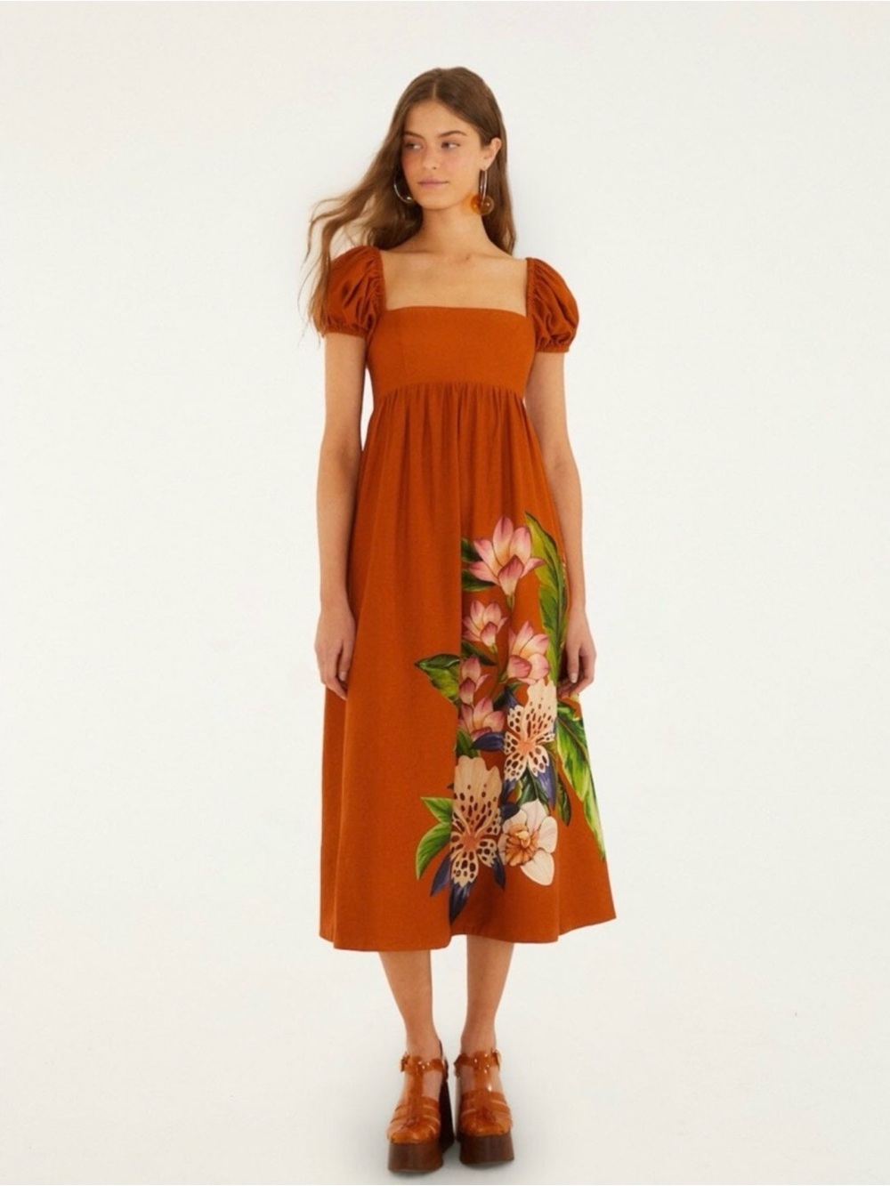 FARM Rio Rust Floral Square-Neck Midi Dress